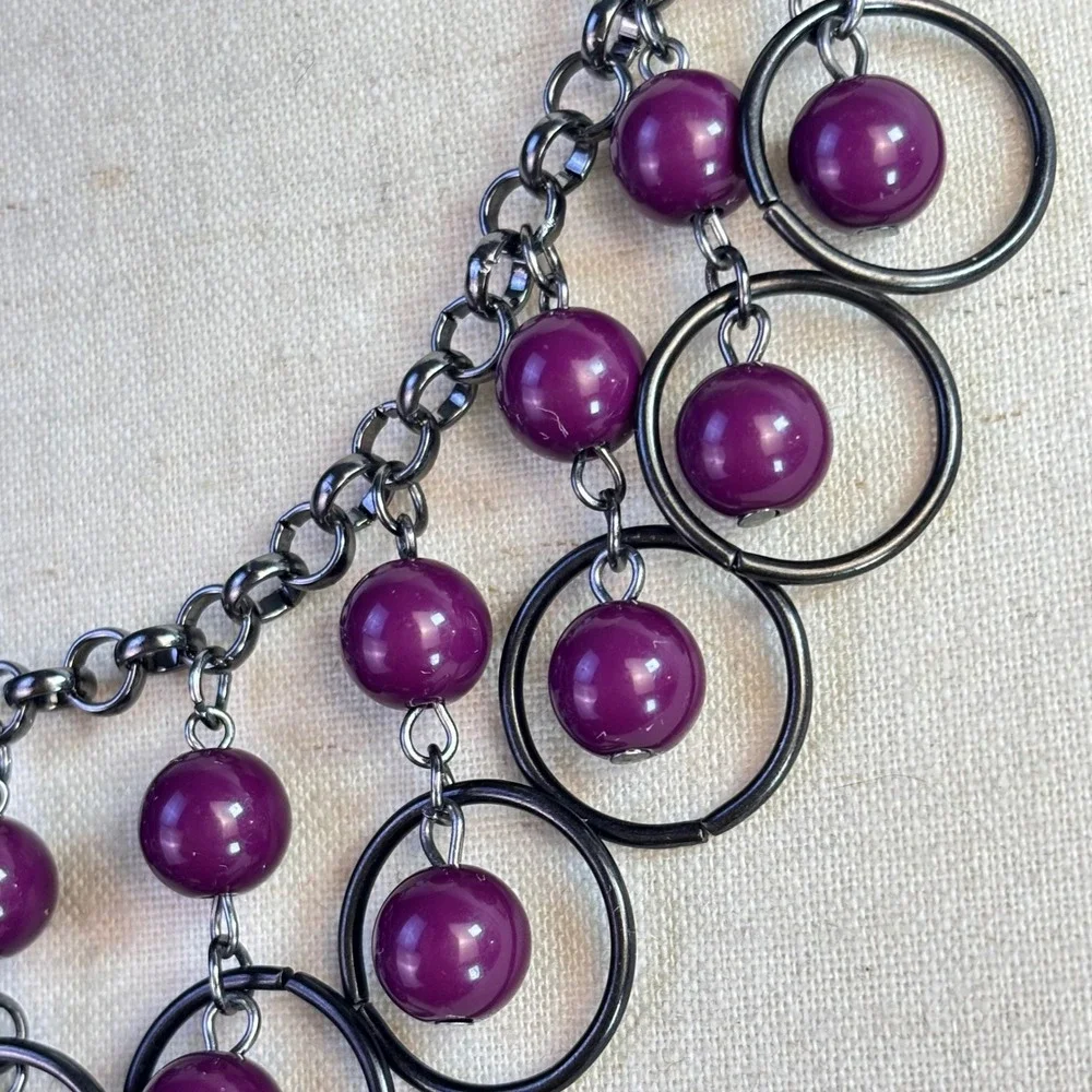 Goth Grunge Vintage Bib Necklace Set Purple Gunmetal Metal Beads Witchy Alt